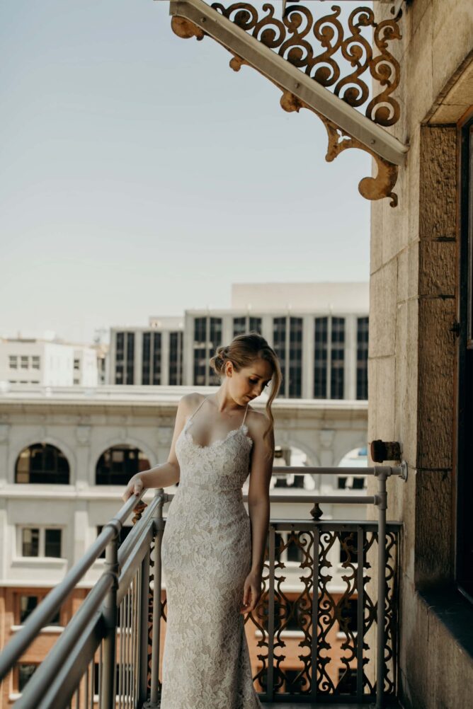 portrait of bride on balcony of the ace hotel los angeles